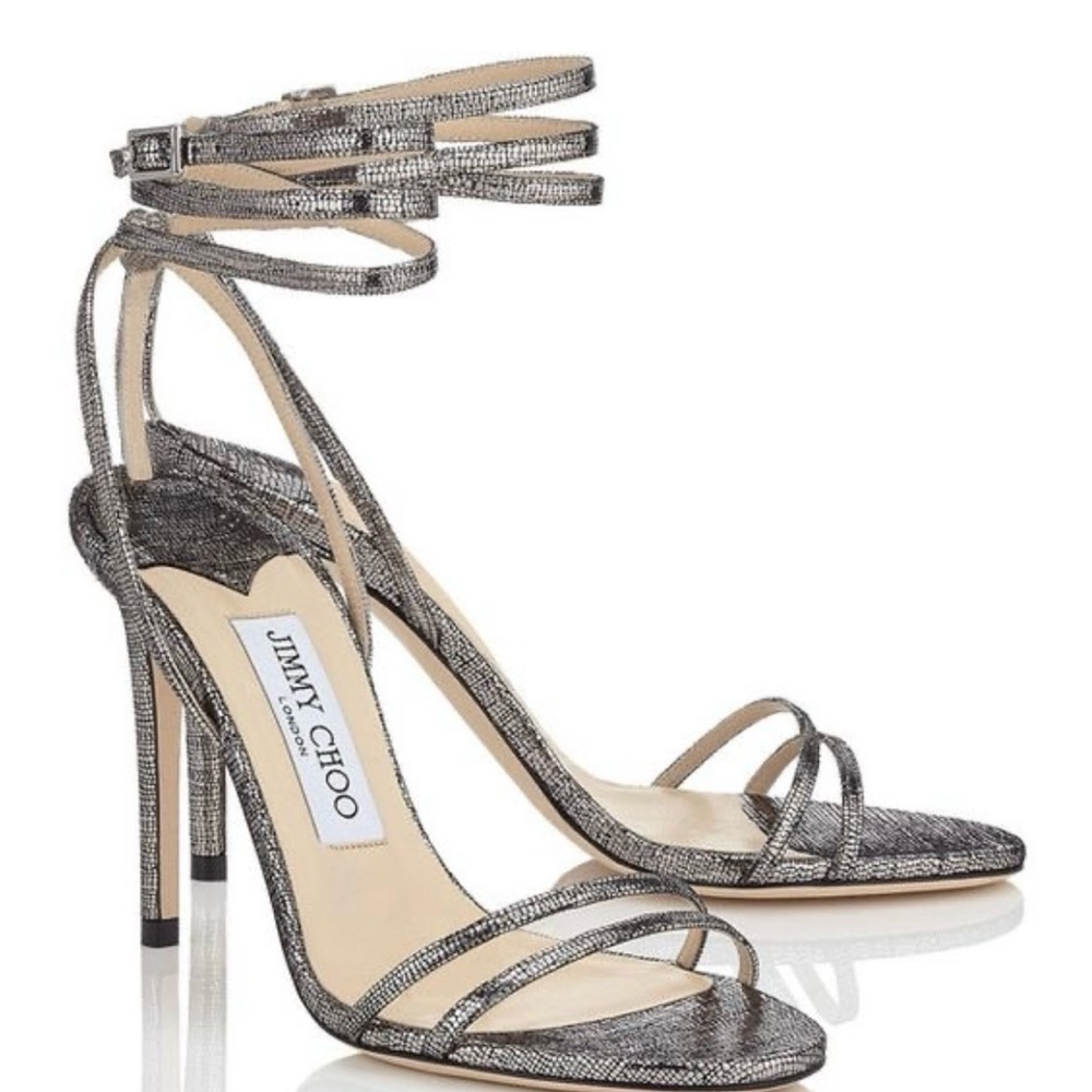 NIB Jimmy Choo Tizzy 100 Steel Metallic Pixelated Leather Sandals 35